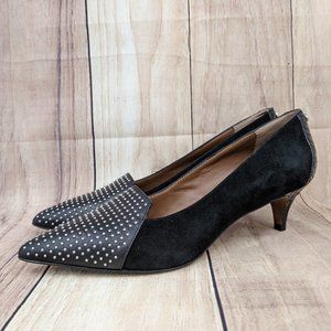 DJP Franny Studded Kitten Heel Pump Black Suede Pointed Toe Watersnake Heel Sz 9
